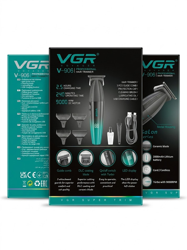 ماشین اصلاح موی سر و صورت شارژی وی جی آر مدل V-906 - جعبه و لوازم جانبی