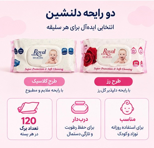 دستمال مرطوب کودک رویال SSB مدل Royal Baby Wet Wipes بسته 120 عددی | مناسب پوست حساس نوزاد