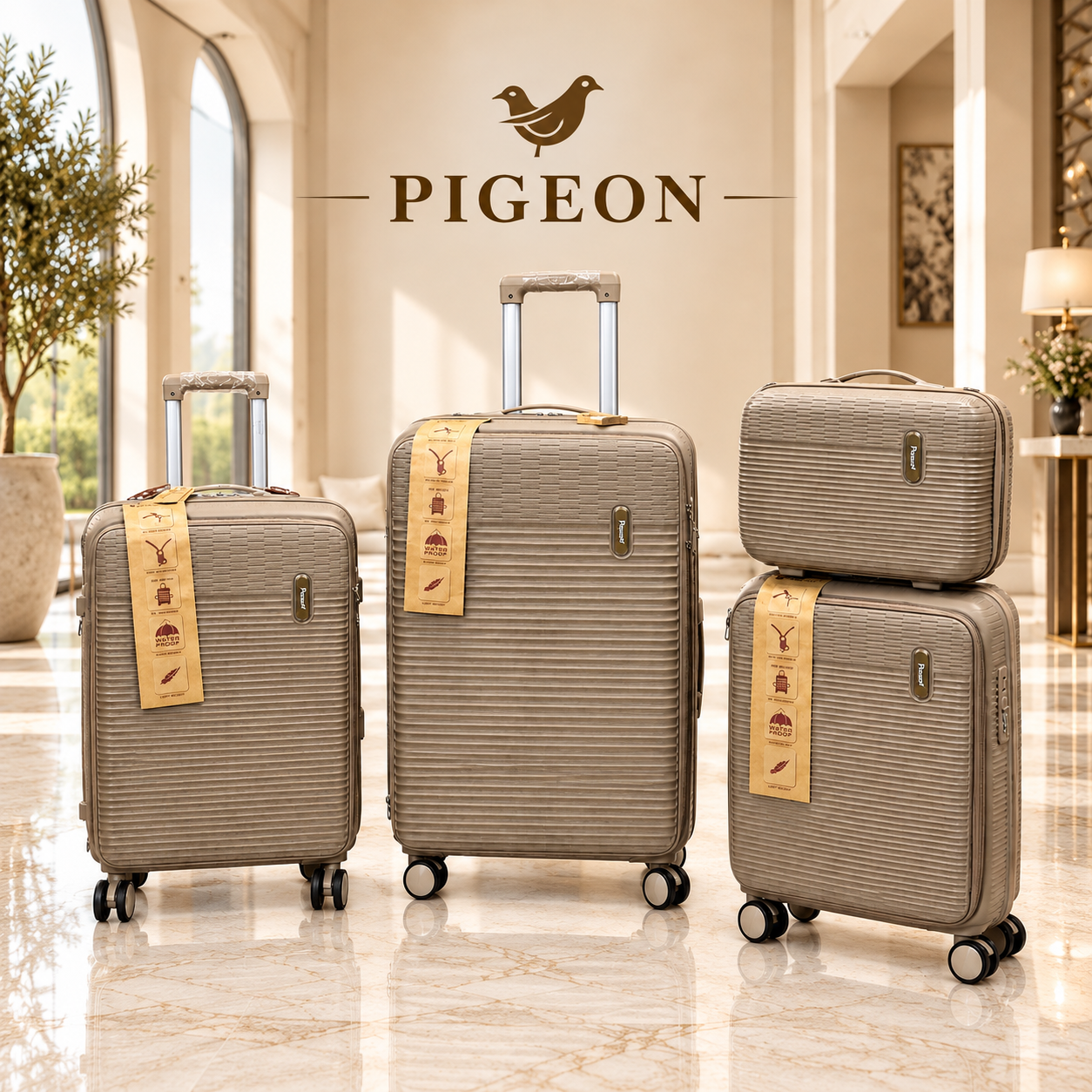 ست جدید چمدان مسافرتی ۴ تکه پیجون (Pigeon) اصل(وارداتی) با کیف آرایشی، جنس PP نشکن، رنگ خاکی